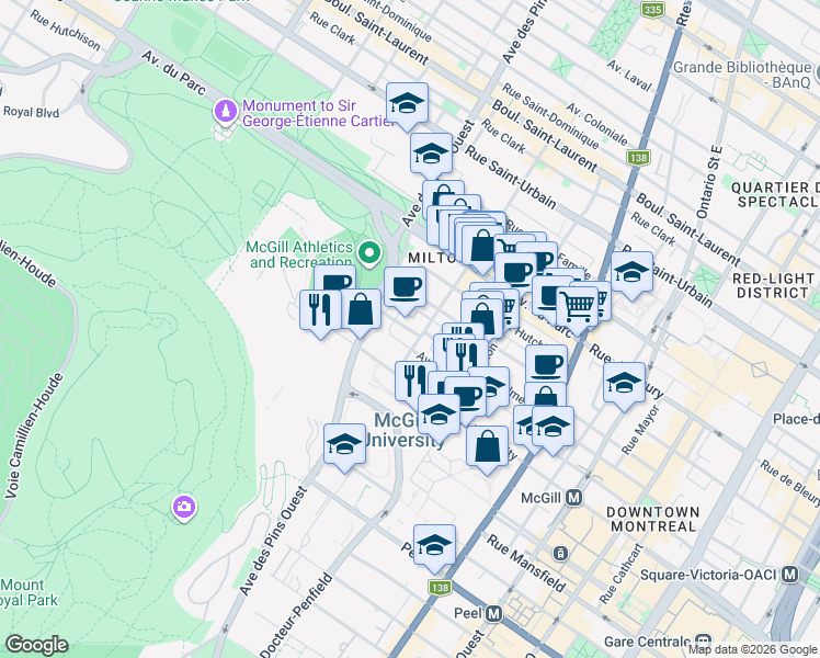 map of restaurants, bars, coffee shops, grocery stores, and more near 3625 Aylmer St in Montreal