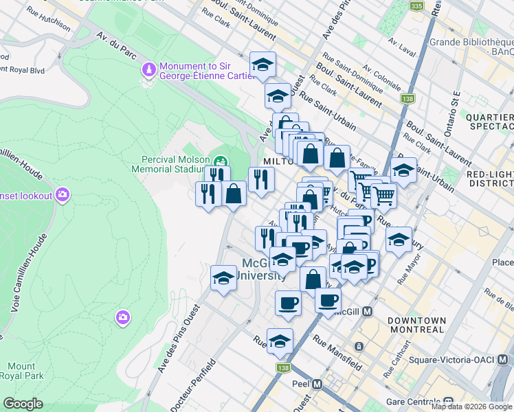 map of restaurants, bars, coffee shops, grocery stores, and more near 3626 Rue Aylmer in Montréal