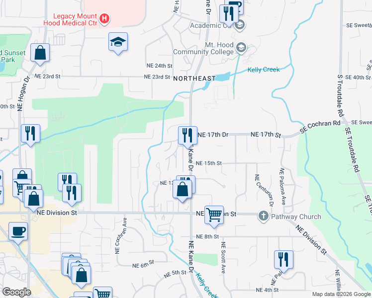 map of restaurants, bars, coffee shops, grocery stores, and more near 1555 Northeast Kane Drive in Gresham