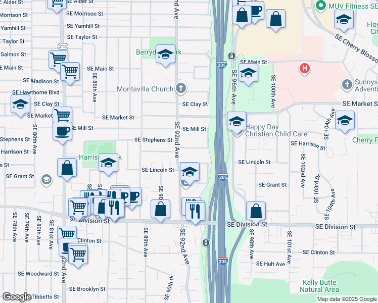 map of restaurants, bars, coffee shops, grocery stores, and more near 9259 Southeast Lincoln Street in Portland