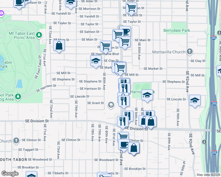 map of restaurants, bars, coffee shops, grocery stores, and more near 2025 Southeast 82nd Avenue in Portland