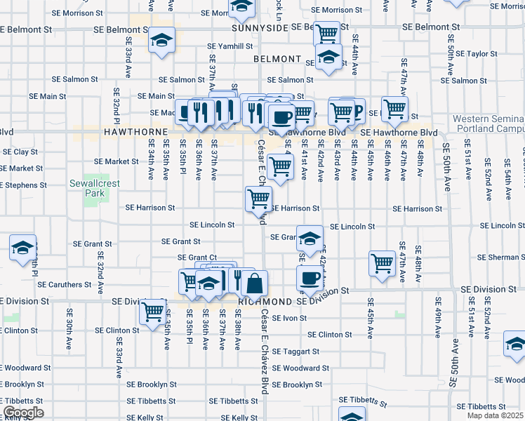 map of restaurants, bars, coffee shops, grocery stores, and more near 3820 Southeast Harrison Street in Portland