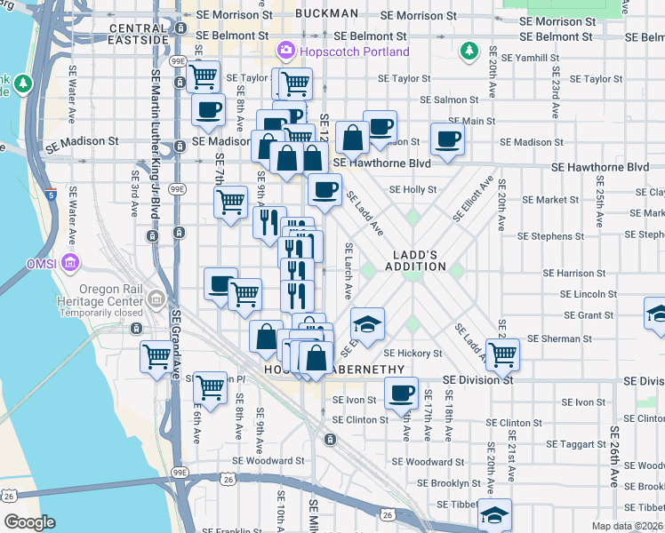 map of restaurants, bars, coffee shops, grocery stores, and more near 70 Southeast Harrison Street in Portland