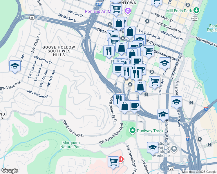 map of restaurants, bars, coffee shops, grocery stores, and more near 2073 Southwest Park Avenue in Portland