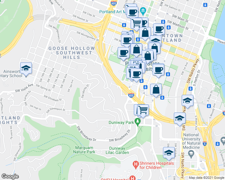 map of restaurants, bars, coffee shops, grocery stores, and more near 1260 Southwest Cardinell Drive in Portland