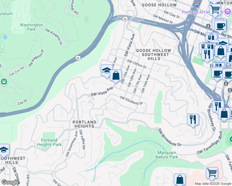 map of restaurants, bars, coffee shops, grocery stores, and more near 1835 Southwest Elizabeth Street in Portland