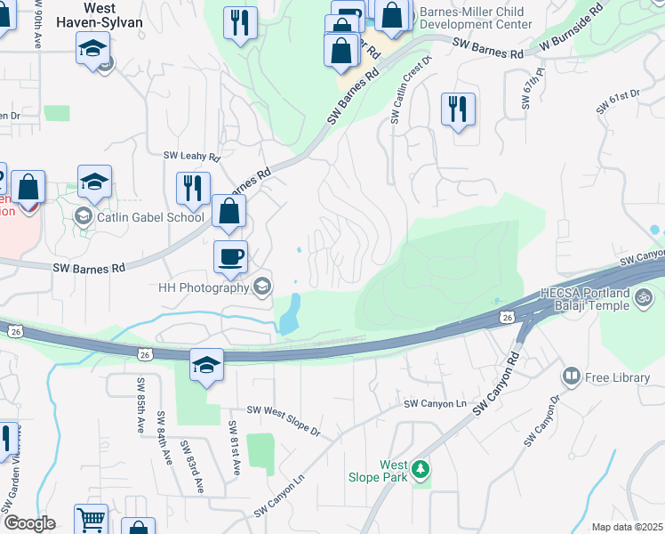map of restaurants, bars, coffee shops, grocery stores, and more near 7734 Southwest Barnes Road in Portland