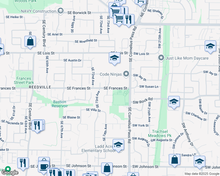map of restaurants, bars, coffee shops, grocery stores, and more near 1535 Southeast 74th Avenue in Hillsboro