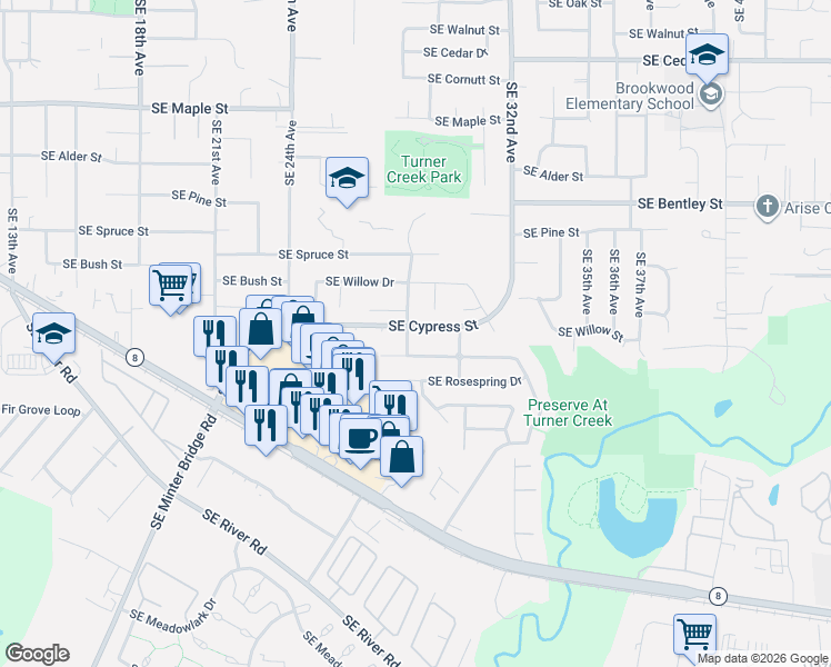map of restaurants, bars, coffee shops, grocery stores, and more near 1446 Southeast 28th Avenue in Hillsboro