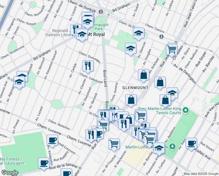 map of restaurants, bars, coffee shops, grocery stores, and more near 404 Boulevard Laird in Mont-Royal