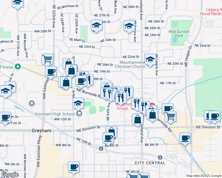 map of restaurants, bars, coffee shops, grocery stores, and more near 445 Northwest Burnside Road in Gresham