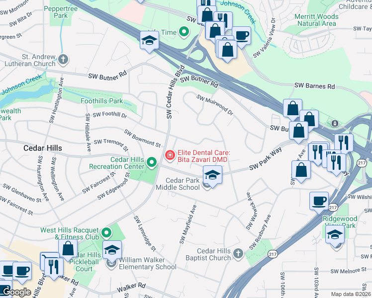 map of restaurants, bars, coffee shops, grocery stores, and more near 11380 Southwest Foothill Drive in Portland