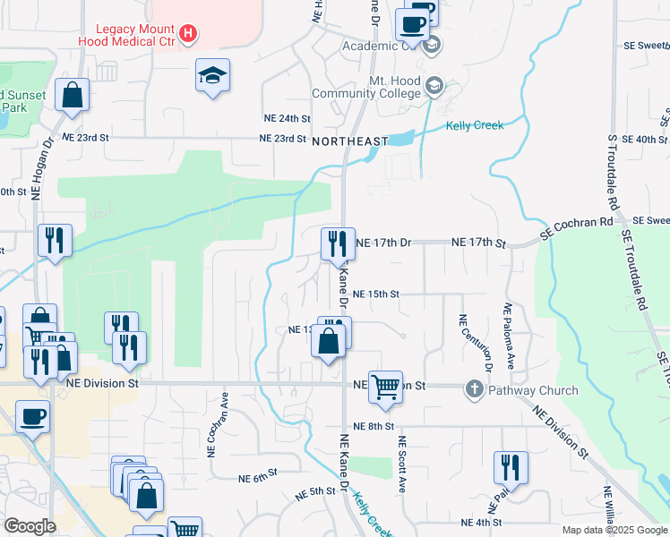 map of restaurants, bars, coffee shops, grocery stores, and more near 1555 Northeast Kane Drive in Gresham