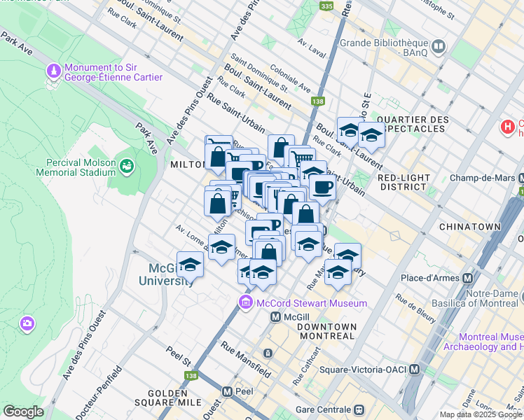 map of restaurants, bars, coffee shops, grocery stores, and more near 3440 Avenue du Parc in Montréal
