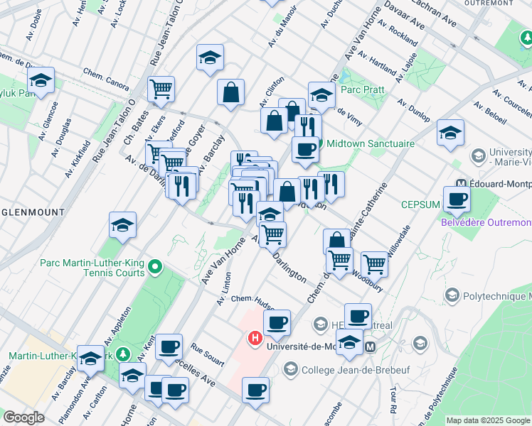 map of restaurants, bars, coffee shops, grocery stores, and more near in Montreal