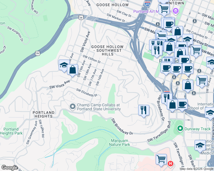map of restaurants, bars, coffee shops, grocery stores, and more near 2404 Southwest 15th Avenue in Portland