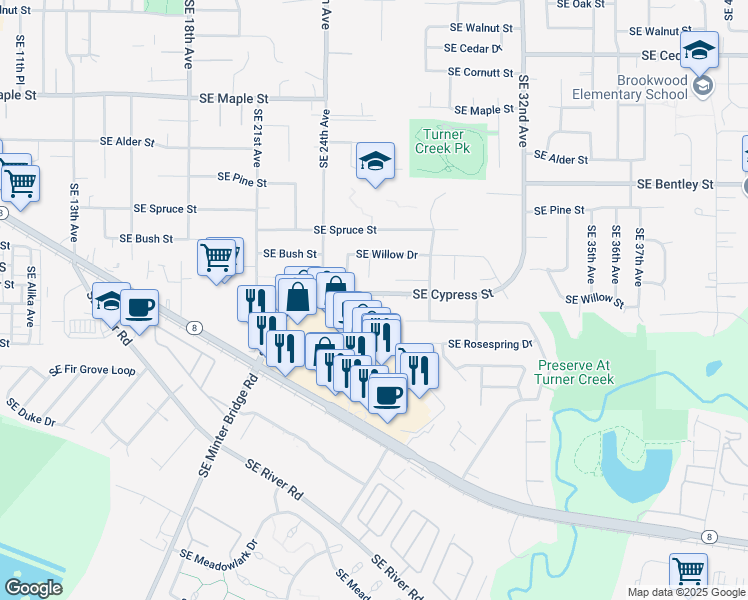 map of restaurants, bars, coffee shops, grocery stores, and more near 2556 Southeast Cypress Street in Hillsboro