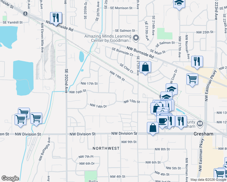 map of restaurants, bars, coffee shops, grocery stores, and more near 1611 Northwest Angeline Court in Gresham