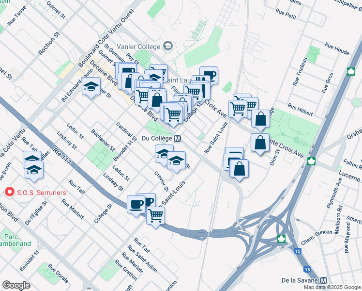 map of restaurants, bars, coffee shops, grocery stores, and more near 520 Boulevard Décarie in Montréal