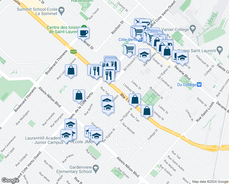map of restaurants, bars, coffee shops, grocery stores, and more near 900 Boulevard Marcel-Laurin in Montréal