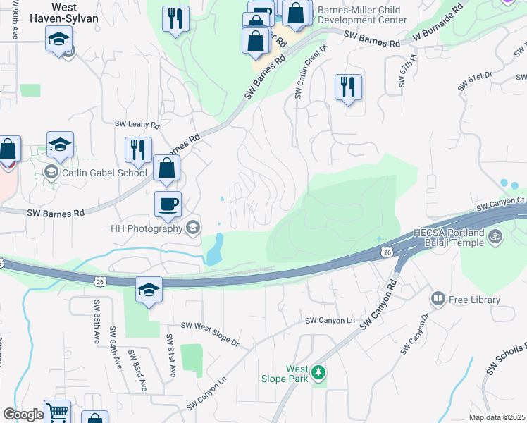 map of restaurants, bars, coffee shops, grocery stores, and more near 7522F Southwest Barnes Road in Portland