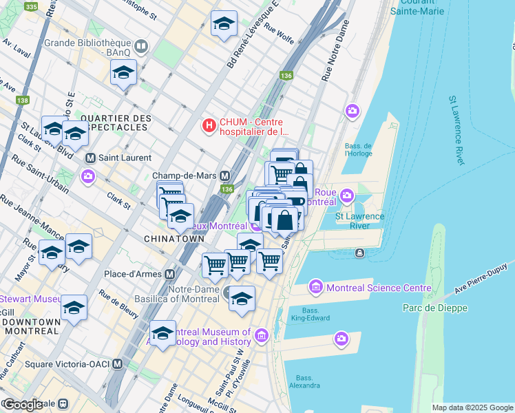 map of restaurants, bars, coffee shops, grocery stores, and more near in Montreal