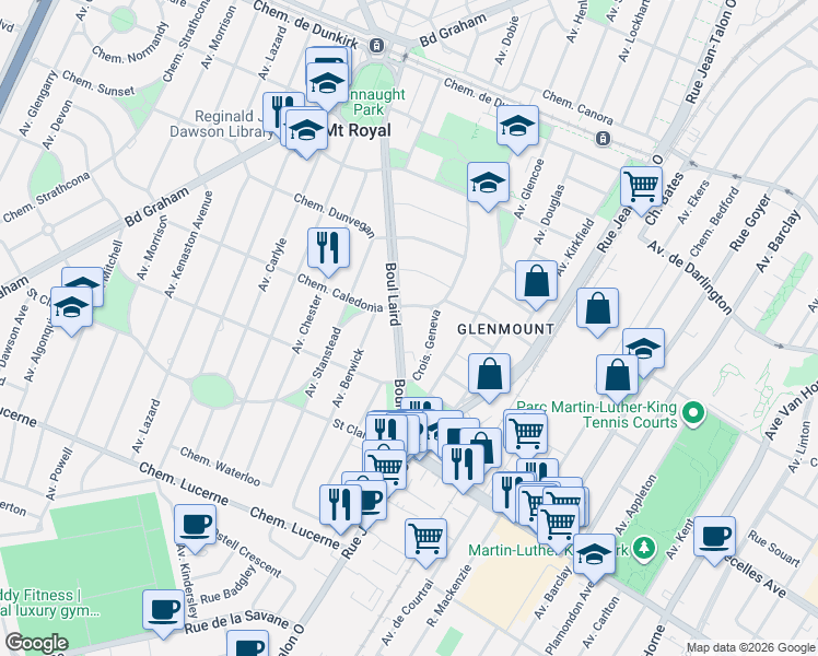 map of restaurants, bars, coffee shops, grocery stores, and more near 404 Boulevard Laird in Mont-Royal