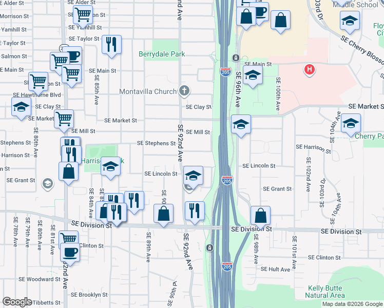 map of restaurants, bars, coffee shops, grocery stores, and more near 9242 Southeast Harrison Street in Portland