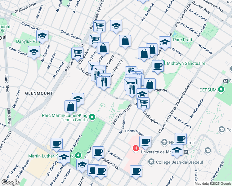 map of restaurants, bars, coffee shops, grocery stores, and more near 2860 Place de Darlington in Montréal