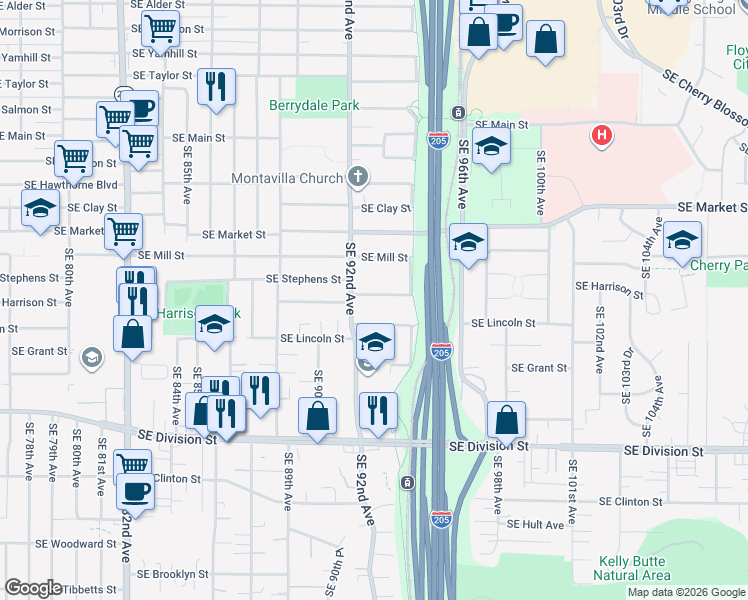 map of restaurants, bars, coffee shops, grocery stores, and more near 9242 Southeast Harrison Street in Portland