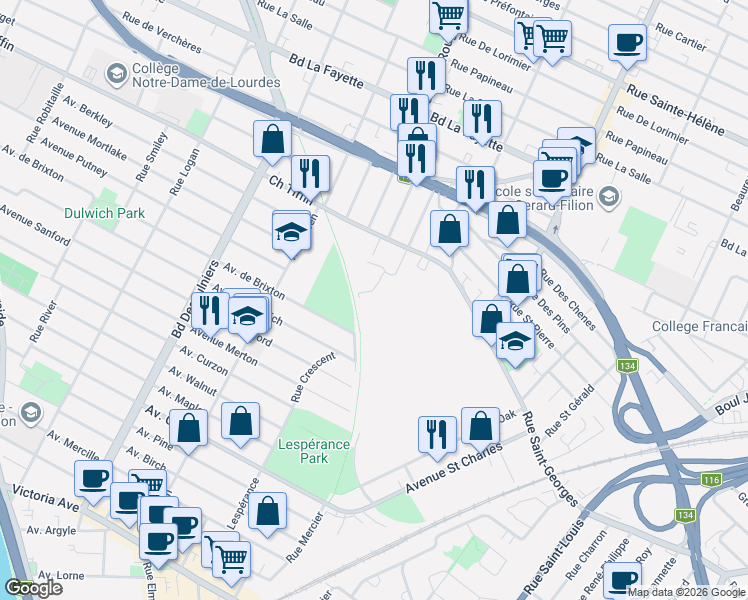 map of restaurants, bars, coffee shops, grocery stores, and more near 695 Rue du Docteur-Chevrier in Saint-Lambert