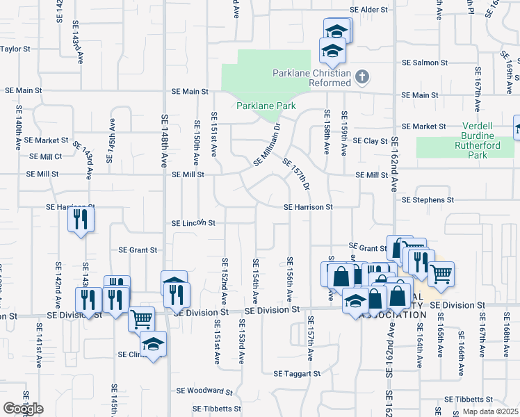 map of restaurants, bars, coffee shops, grocery stores, and more near 2050 Southeast 154th Avenue in Portland