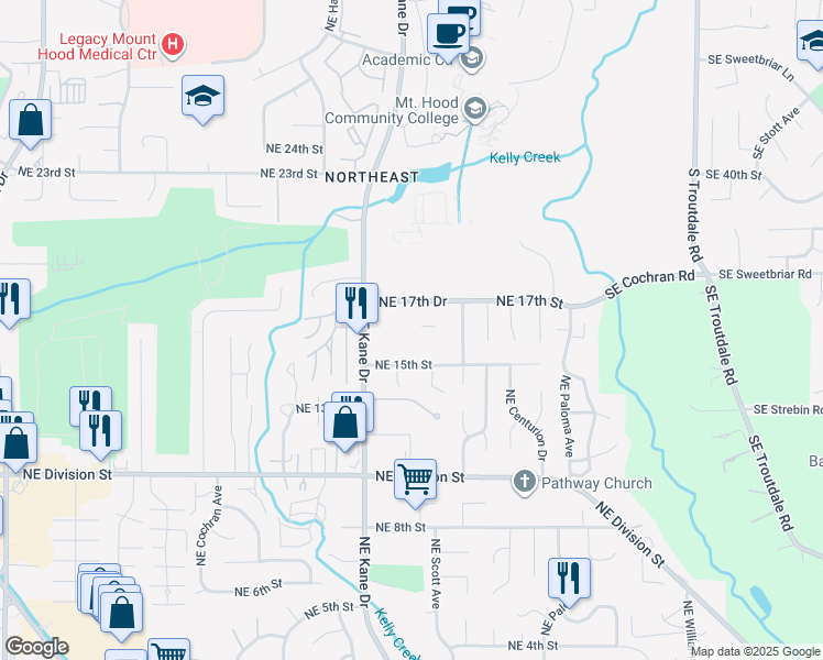 map of restaurants, bars, coffee shops, grocery stores, and more near 3500 Northeast 17th Street in Gresham