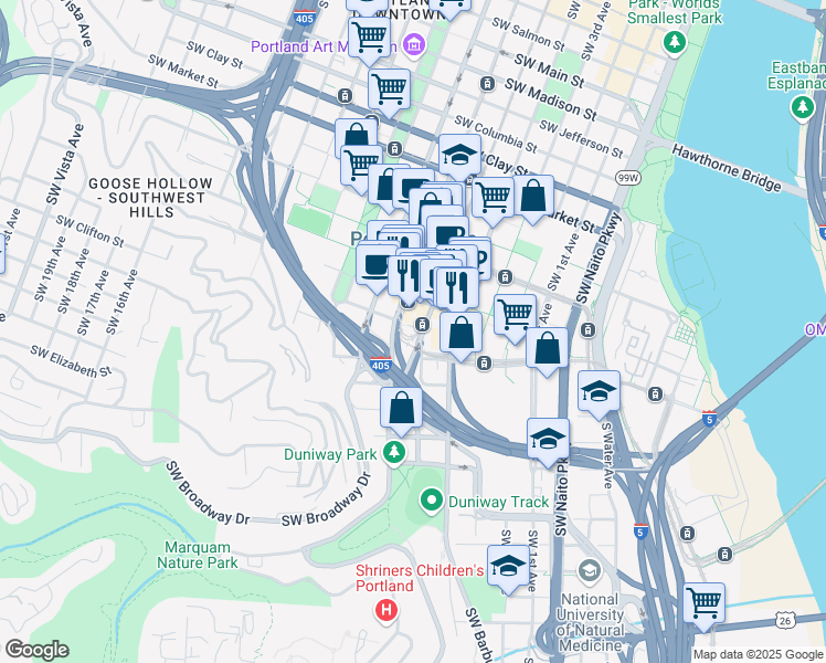 map of restaurants, bars, coffee shops, grocery stores, and more near 518 Southwest Jackson Street in Portland