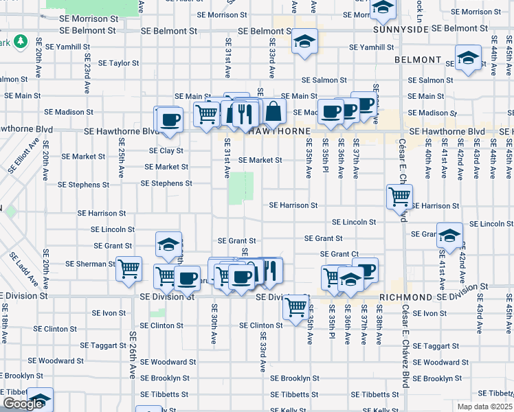 map of restaurants, bars, coffee shops, grocery stores, and more near 2016 Southeast 32nd Avenue in Portland
