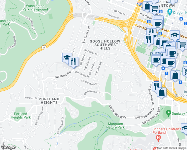 map of restaurants, bars, coffee shops, grocery stores, and more near 2417 Southwest 16th Avenue in Portland