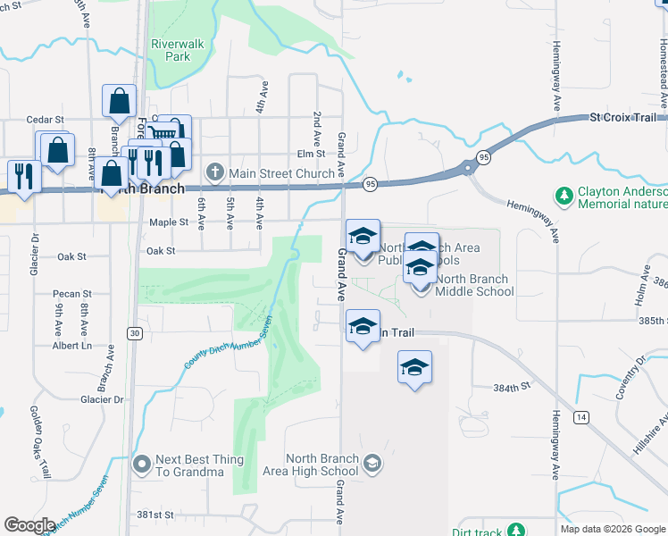 map of restaurants, bars, coffee shops, grocery stores, and more near 38604 Grand Avenue in North Branch
