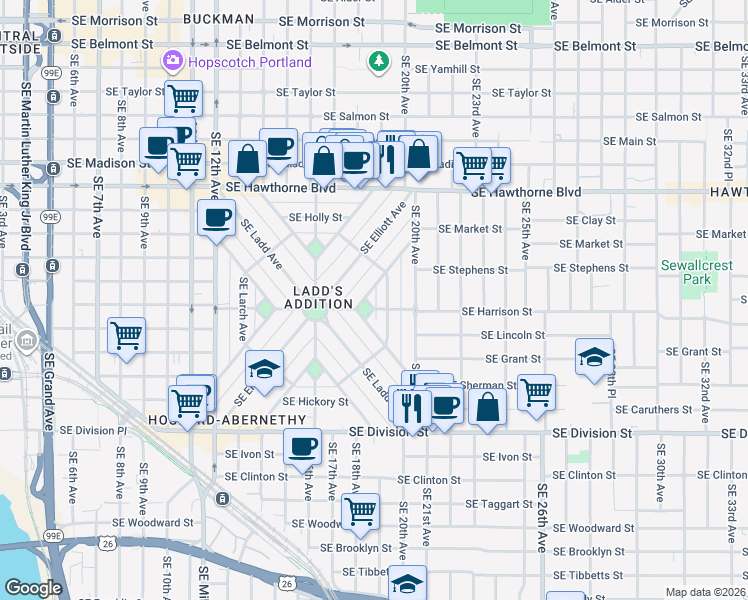 map of restaurants, bars, coffee shops, grocery stores, and more near 1811 Southeast Harrison Street in Portland