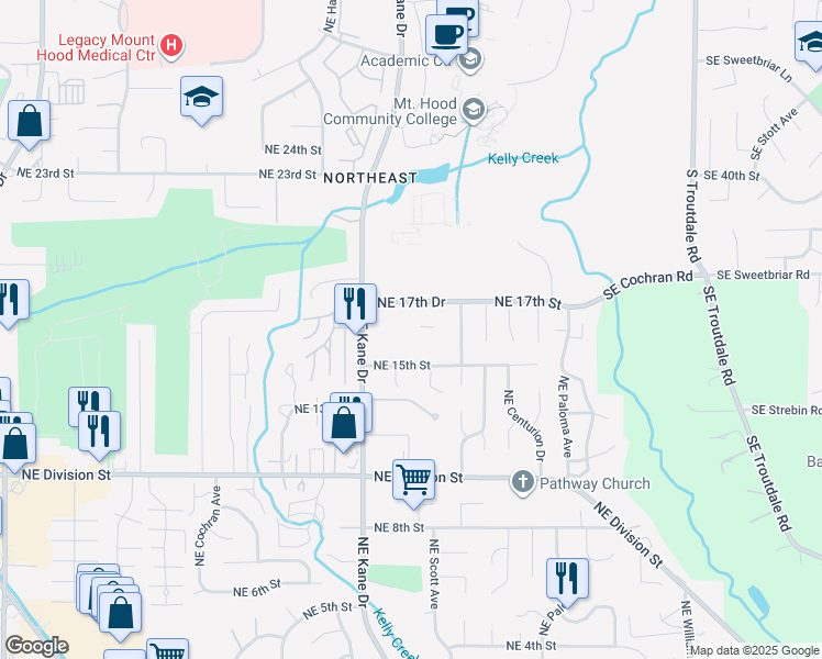 map of restaurants, bars, coffee shops, grocery stores, and more near 3500 Northeast 17th Street in Gresham