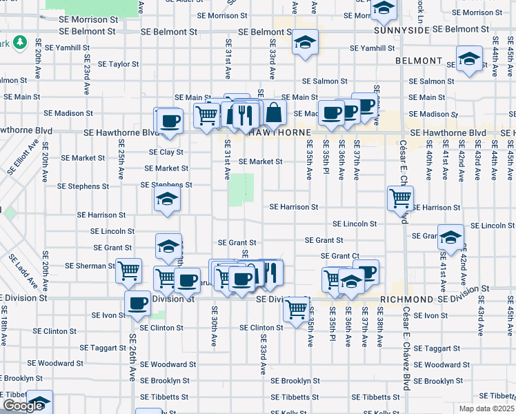 map of restaurants, bars, coffee shops, grocery stores, and more near 2016 Southeast 32nd Avenue in Portland