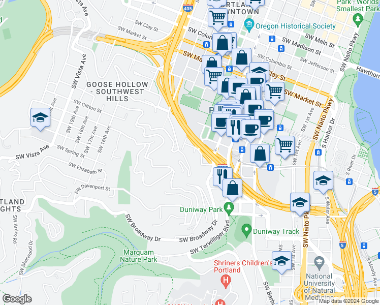map of restaurants, bars, coffee shops, grocery stores, and more near 1260 Southwest Cardinell Drive in Portland