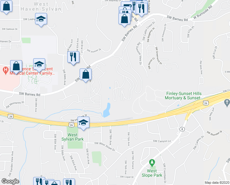 map of restaurants, bars, coffee shops, grocery stores, and more near 7712 Southwest Barnes Road in Portland