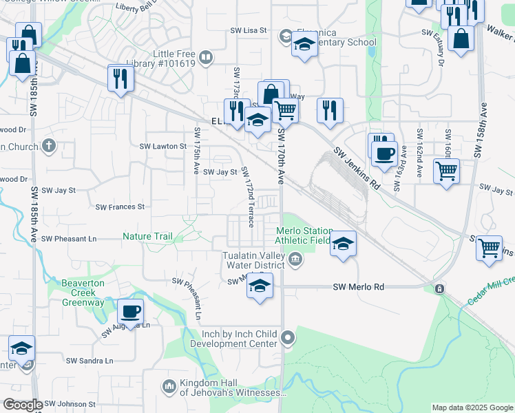 map of restaurants, bars, coffee shops, grocery stores, and more near 1602 Southwest 171st Terrace in Beaverton
