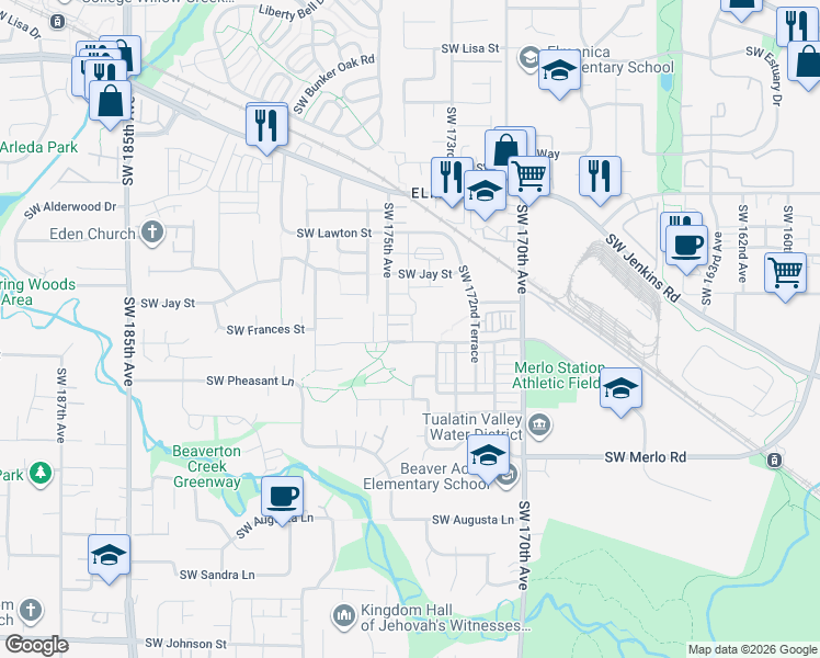 map of restaurants, bars, coffee shops, grocery stores, and more near 1597 Southwest 173rd Terrace in Beaverton