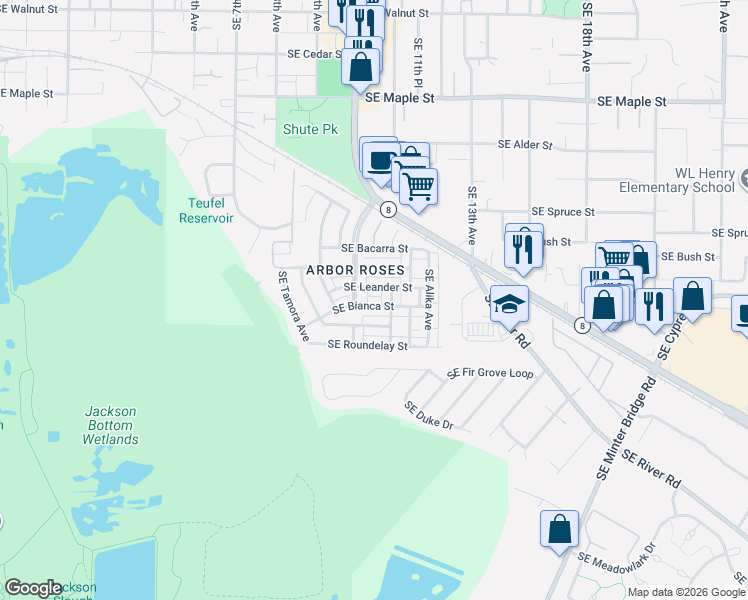 map of restaurants, bars, coffee shops, grocery stores, and more near 1166 Southeast Bianca Street in Hillsboro