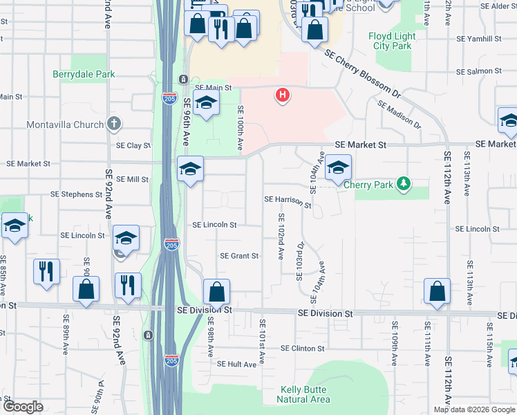 map of restaurants, bars, coffee shops, grocery stores, and more near 2001 Southeast 101st Avenue in Portland