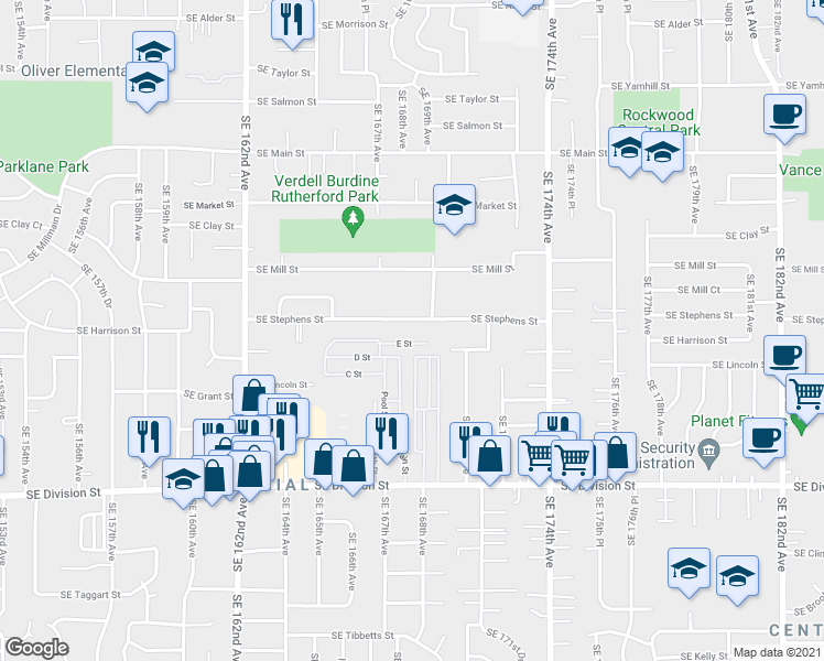 map of restaurants, bars, coffee shops, grocery stores, and more near 16812 Southeast Stephens Street in Portland
