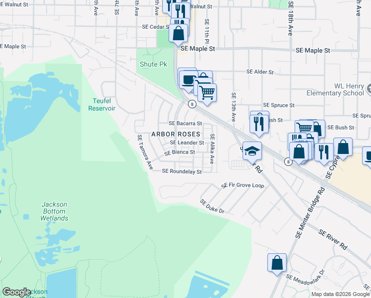 map of restaurants, bars, coffee shops, grocery stores, and more near 1143 Southeast Bianca Street in Hillsboro