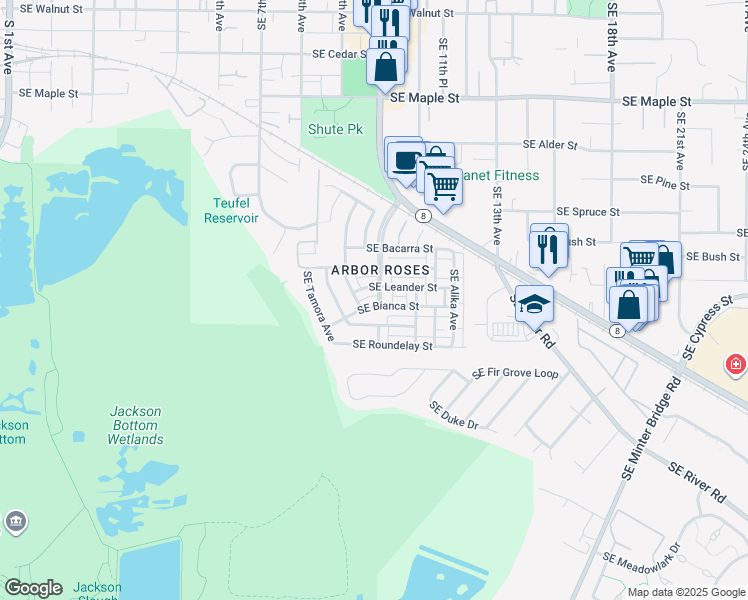 map of restaurants, bars, coffee shops, grocery stores, and more near 1093 Southeast Bianca Street in Hillsboro
