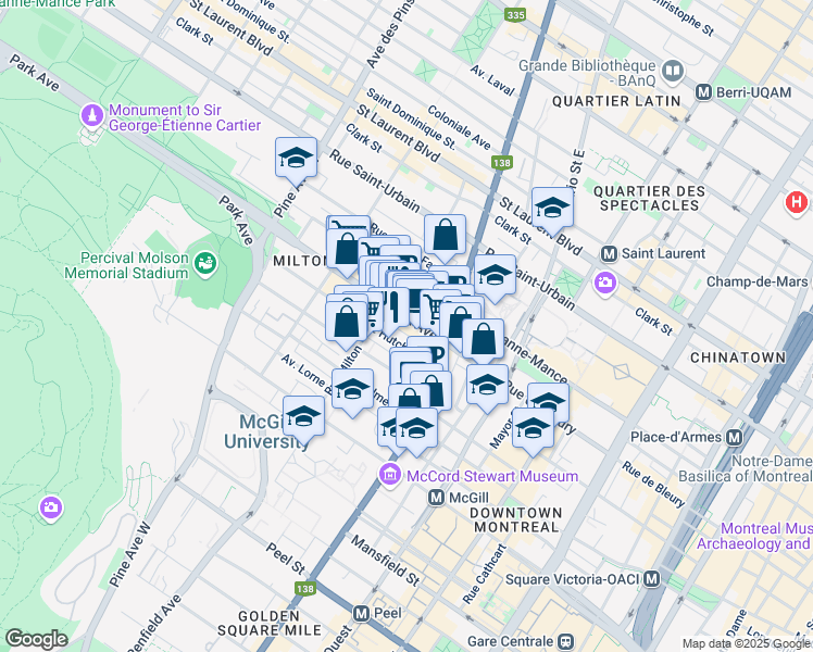 map of restaurants, bars, coffee shops, grocery stores, and more near 3456 Avenue du Parc in Montréal